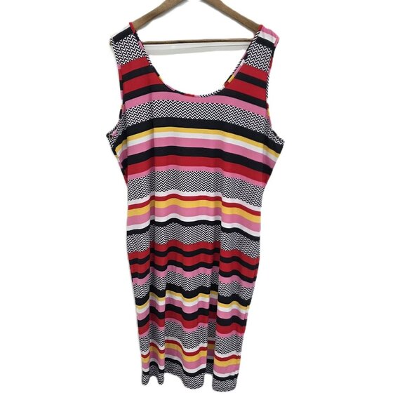 Y2K Chevron Stripe Bodycon Tank Dress Pink Red Black Yellow Stretch Knit 3X - Picture 1 of 10